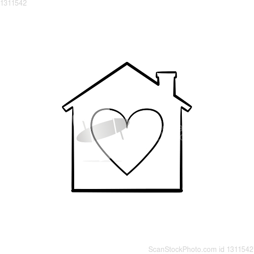 Image of House with heart hand drawn outline doodle icon.