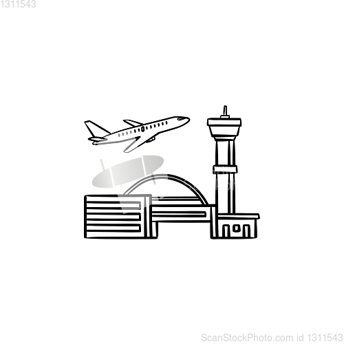 Image of Plane taking off at the airport hand drawn outline doodle icon.