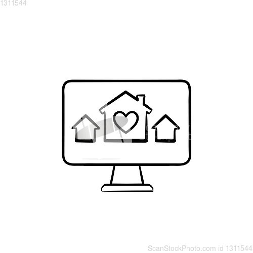 Image of Computer monitor with houses and house with heart hand drawn outline doodle icon.