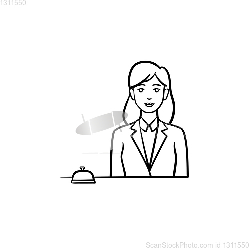 Image of Female receptionist in a hotel with a reception bell hand drawn outline doodle icon.