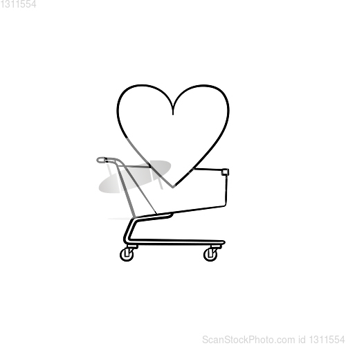 Image of Shopping cart with heart hand drawn outline doodle icon.