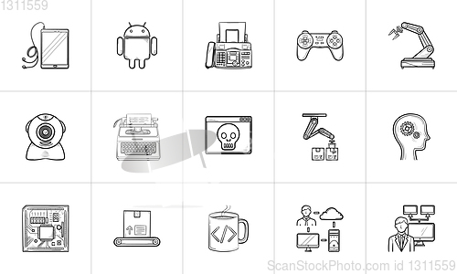 Image of Technology and machines hand drawn outline doodle icon set.