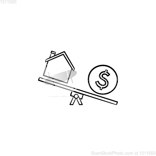 Image of House and dollar on seesaw hand drawn outline doodle icon.