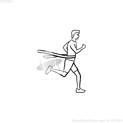 Image of Race runner and finishing tape hand drawn outline doodle icon.