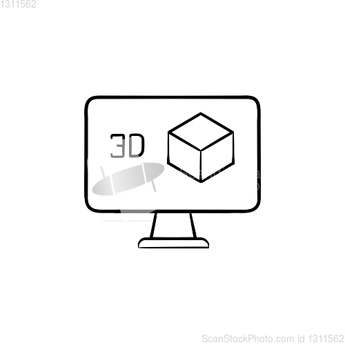 Image of Computer monitor with 3D box hand drawn outline doodle icon.