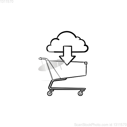 Image of Cloud with arrow pointing at shopping cart hand drawn outline doodle icon.