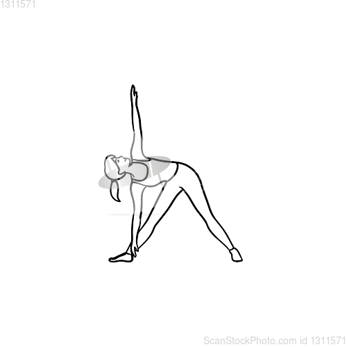 Image of Woman in yoga triangle pose hand drawn outline doodle icon.