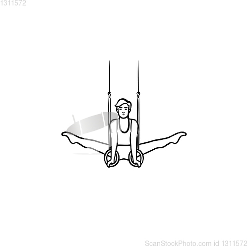 Image of Gymnast on rings hand drawn outline doodle icon.