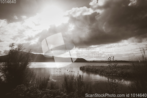 Image of Rotorua lake, New Zealand. Black and white picture