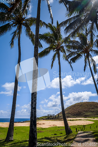 Image of Anakena palm beach and Moais statues site ahu Nao Nao, easter is