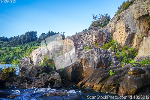 Image of Maori rock carvings, Taupo Lake, New Zealand