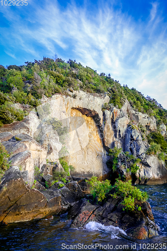 Image of Maori rock carvings, Taupo Lake, New Zealand