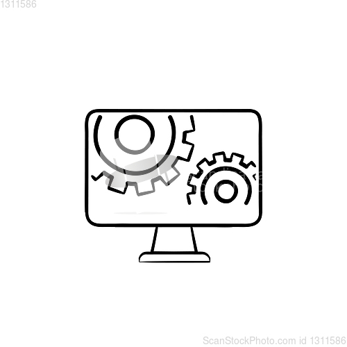 Image of Monitor with gears hand drawn outline doodle icon.