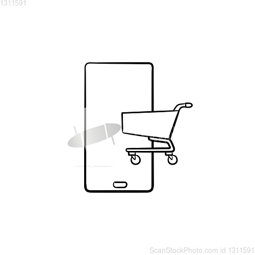 Image of Shopping on smart phone hand drawn outline doodle icon.