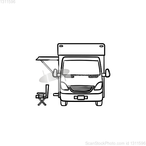 Image of Motorhome with tent hand drawn outline doodle icon.