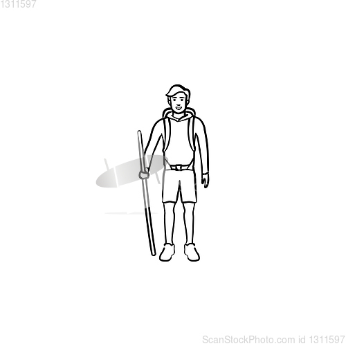 Image of Hiker with backpack and walking stick hand drawn outline doodle icon.