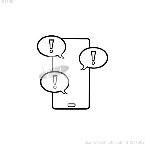 Image of Mobile phone and text message with exclamation point hand drawn outline doodle icon.