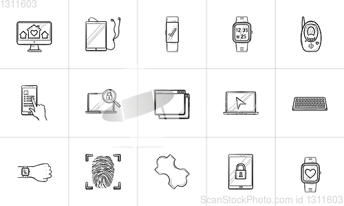 Image of Technology and gadgets hand drawn outline doodle icon set.