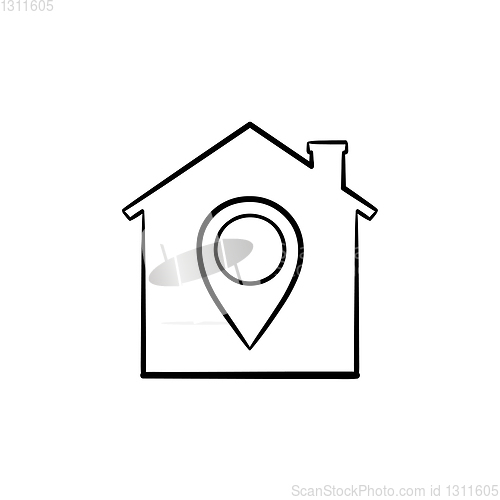Image of House with navigation mark hand drawn outline doodle icon.