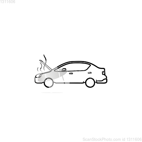 Image of Broken car with open hood and steam hand drawn outline doodle icon.