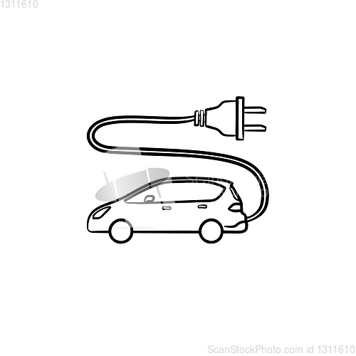 Image of Electric car with plug hand drawn outline doodle icon.