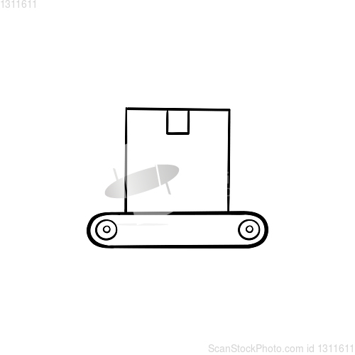 Image of Conveyor belt with box hand drawn outline doodle icon.