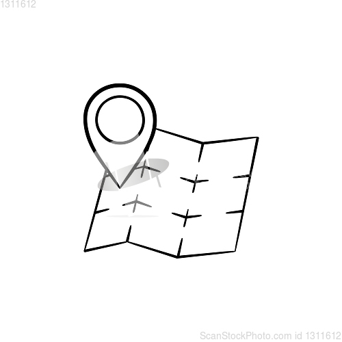 Image of Map with location pin hand drawn outline doodle icon.