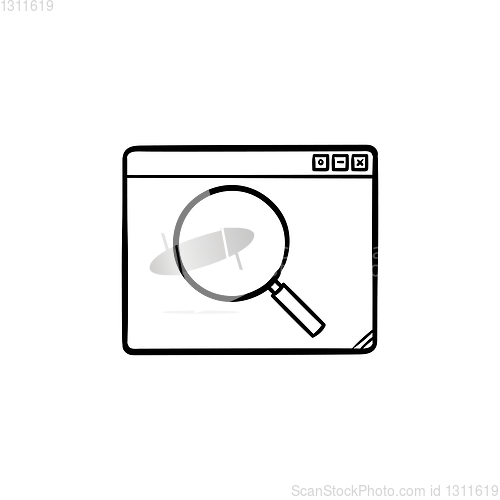 Image of Browser window with magnifying glass hand drawn outline doodle icon.