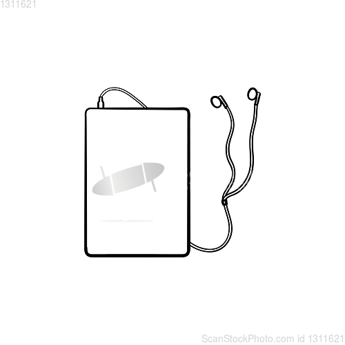 Image of Tablet with headphones hand drawn outline doodle icon.