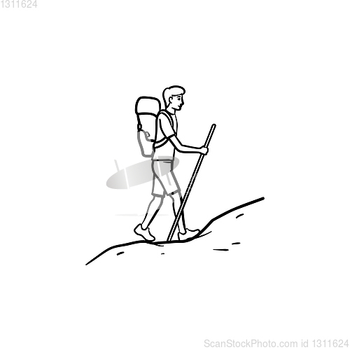 Image of Tourist backpacker climbing hand drawn outline doodle icon.