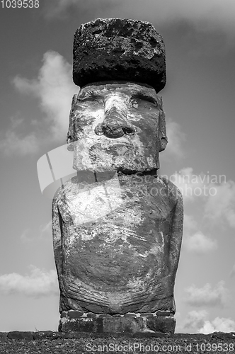 Image of Moai statue, ahu Tongariki, easter island. Black and white pictu