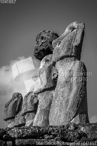 Image of Moais statues, ahu Tongariki, easter island. Black and white pic