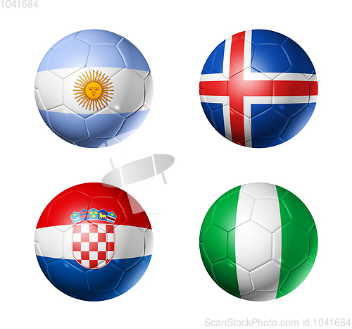 Image of Russia football 2018 group D flags on soccer balls