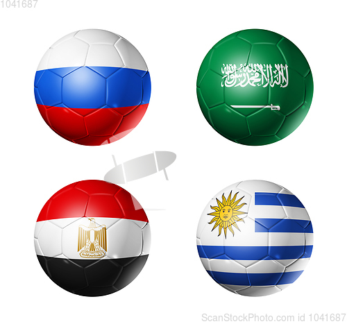 Image of Russia football 2018 group A flags on soccer balls