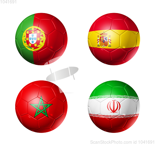 Image of Russia football 2018 group B flags on soccer balls