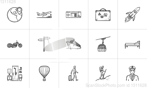 Image of Travel and transport hand drawn outline doodle icon set.