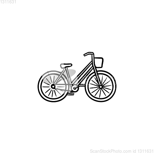 Image of Woman bike with basket hand drawn outline doodle icon.