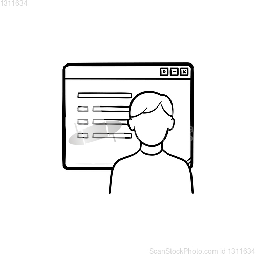 Image of Browser window with social network webpage hand drawn outline doodle icon.