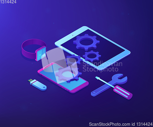 Image of Mobile device repair concept vector isometric illustration.