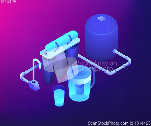 Image of Water filtering system concept vector isometric illustration.