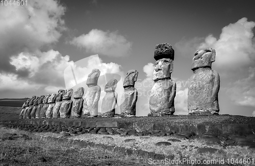Image of Moais statues, ahu Tongariki, easter island. Black and white pic
