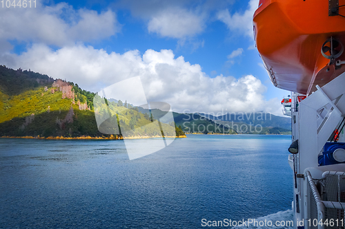 Image of Marlborough Sounds view from a ferry, New Zealand