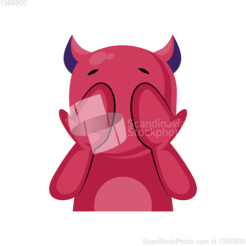 Image of Scared pink monster with horns covering eyes with hands vector i