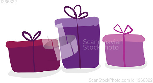 Image of Three colorful present boxes of different colors and shapes tied