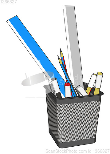 Image of Wire pen cup with rulers and several pens and penciles vector il