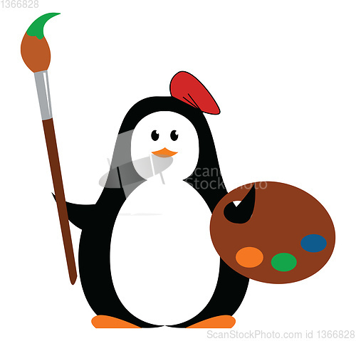 Image of Cartoon picture of a cute little penguin disguised as a painter 