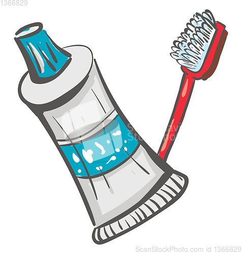Image of A red toothbrush and a toothpaste in white and blue colored comb