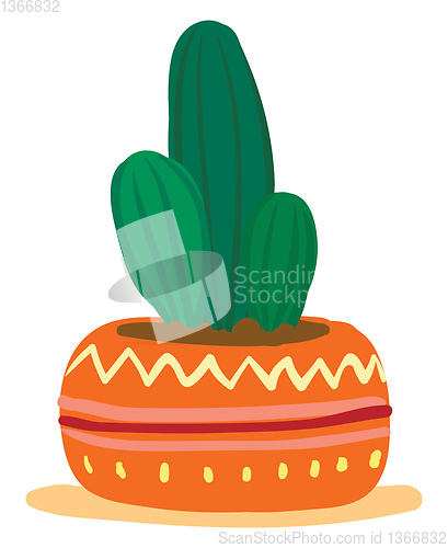 Image of A decorated round earthen flower pot with small cactus plants pr