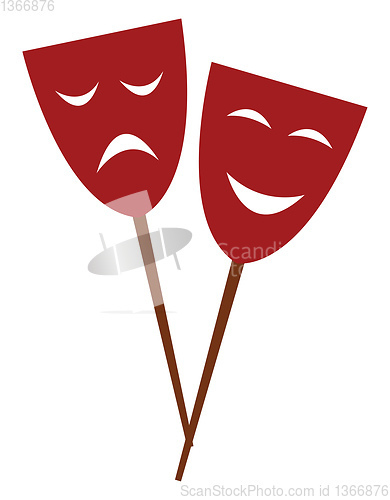 Image of Two red-colored carnival party eye masks attached to a stick vec