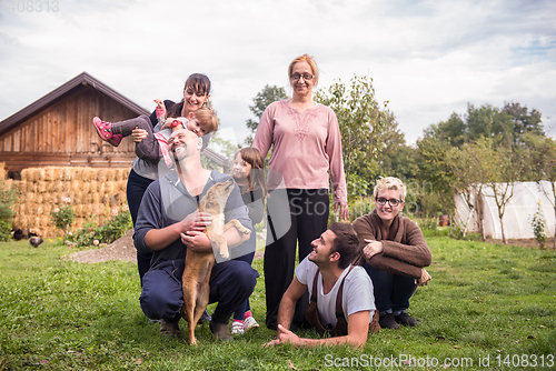 Image of portrait of happy family at farm